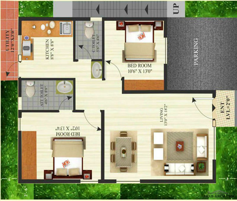 خريطة تصميم دور واحد منزل صغير 2 غرفة نوم Arab Arch
