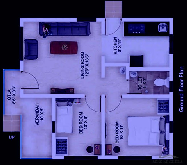 مخطط لطابق واحد صغير المساحة غرفتين نوم تصلح لمزرعه » arab arch