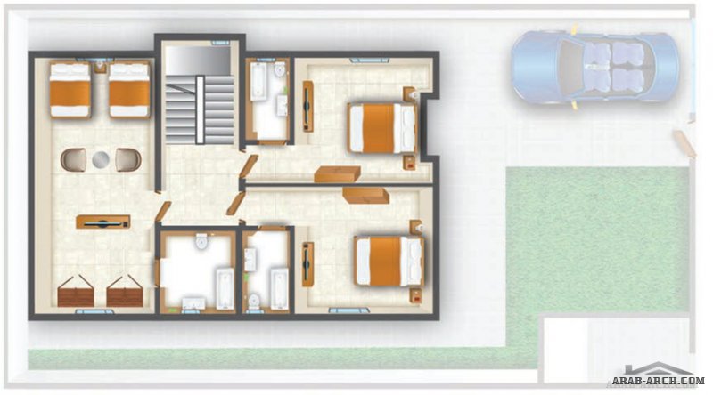 تصميم فيلا خليجى مودرن 3 غرف نوم + غرفة نوم بالطابق العلوى