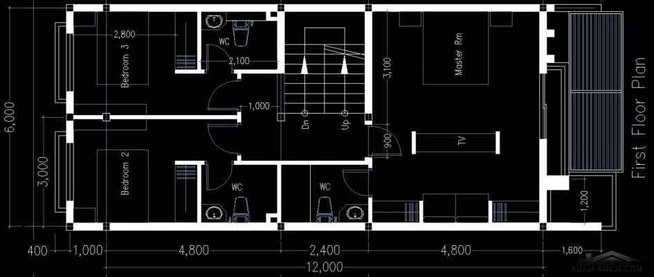 أفضل مخطط لبيت واجهه 6 متر ونزول 12 متر 3 غرف نوم 96 متر مربع 