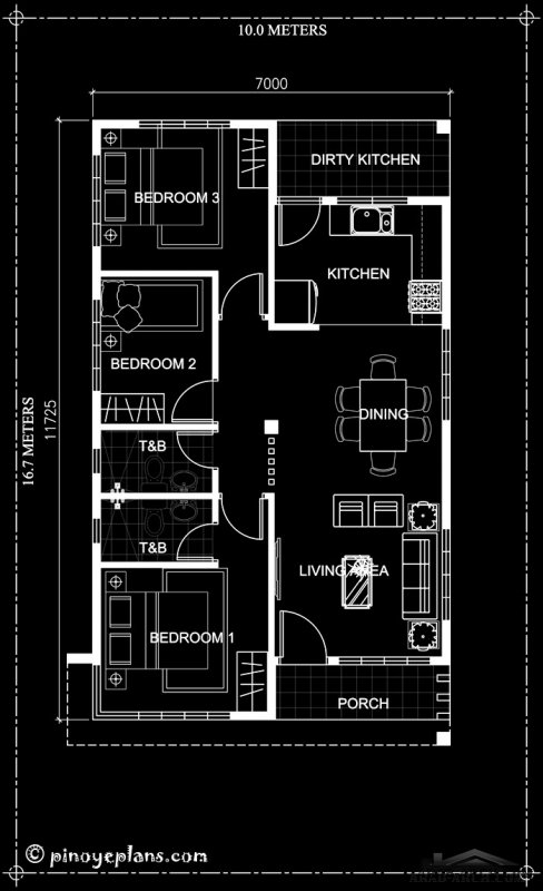 Home design 10x16.7m with 3 bedrooms.
