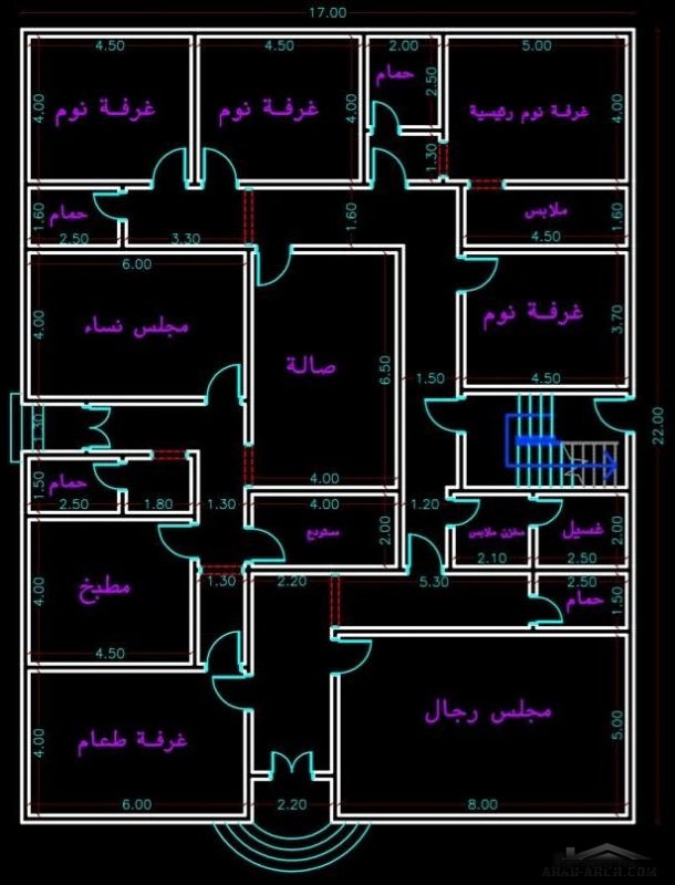 مخطط فيلا  سعودي دور ارضي و شقتين بالطابق العلوى ابعاد 17*22 متر