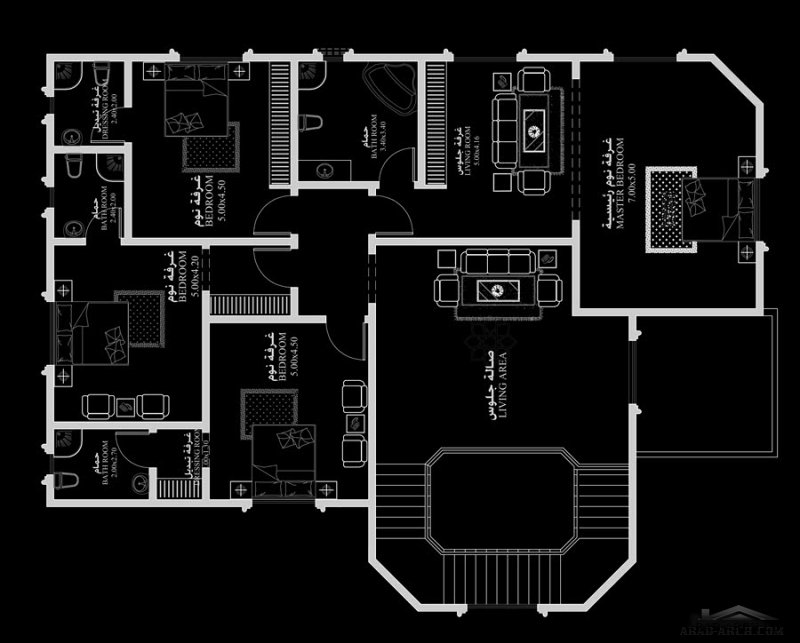 تصاميم منزل خليجي نمط اندلسي أبعاد البيت 15.76 م x 22.96 م   5 غرف نوم