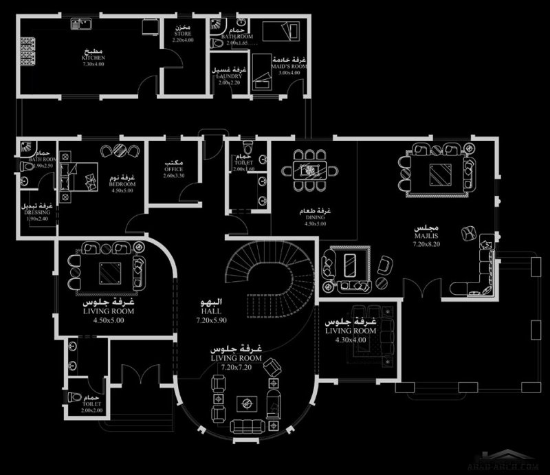 مخطط منزل المساحه 690 متر مربع 5 غرف نوم ابعاد المنزل 25.20 م x 23 م