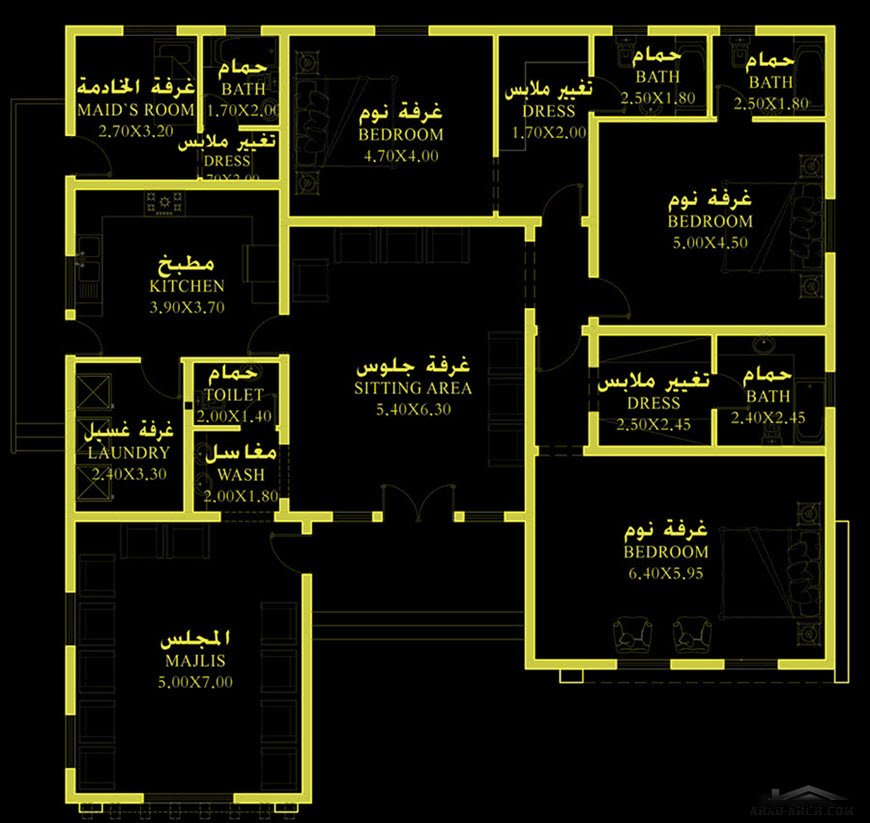 خرائط طابق واحد خليجي 17*17 متر 3 غرف نوم » arab arch