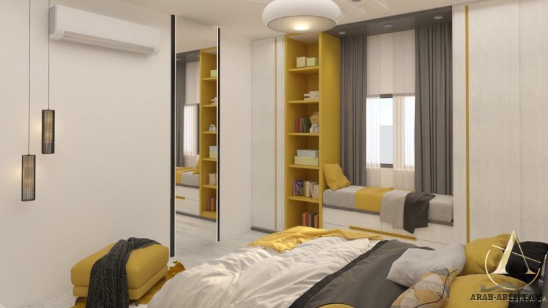 غرفة نوم بكامل إحتياج العميل مكتب + تلفزيون + جلسه مع استغلال للمساحات من أعمال الاثير ديزاين