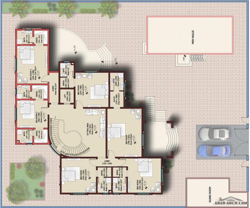 مخطط فيلا 4+3 غرف نوم طابقين و رووف 728 متر مربع نموذج DD2