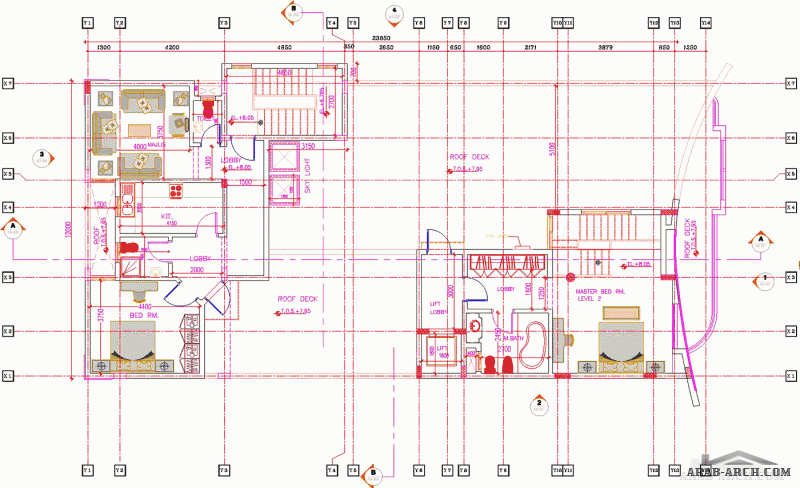 مخطط معماري و انشائي كامل فيلا بمساحة 512م2(32*16م) مكونة من قبو و أرضي وأول و ملحق - الملحق به المستوى الثاني لغرفة النوم + شقة سكنية