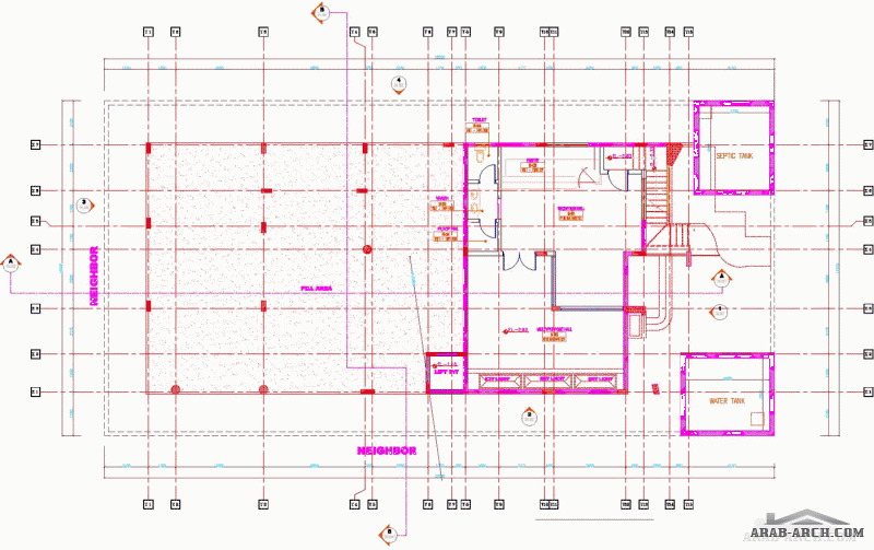 مخطط معماري و انشائي كامل فيلا بمساحة 512م2(32*16م) مكونة من قبو و أرضي وأول و ملحق - الملحق به المستوى الثاني لغرفة النوم + شقة سكنية