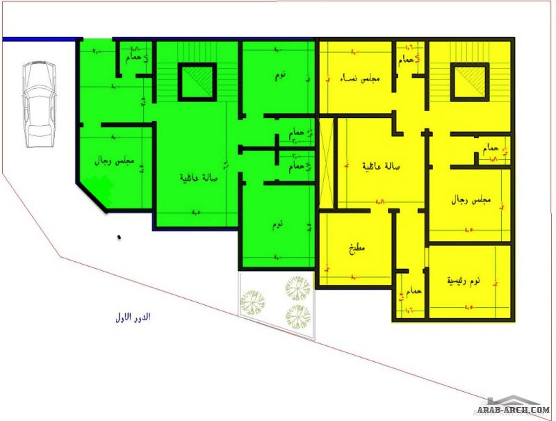 مخطط فيلا وشقتين  لارض مساحتها ٥٣٣ متر  ارض مشطوفة من مشاركات الاخ أحمد العسيري 