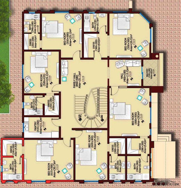 مخطط فيلا 650 م2  - 6 غرف نوم+1  طابقين+ روف