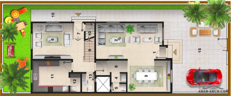 خرائط فيلا  سكني نموذج المرجان متلاصقة  سعودي  التصميم طابقين و روف 5 غرف نوم + غرفة خدمه