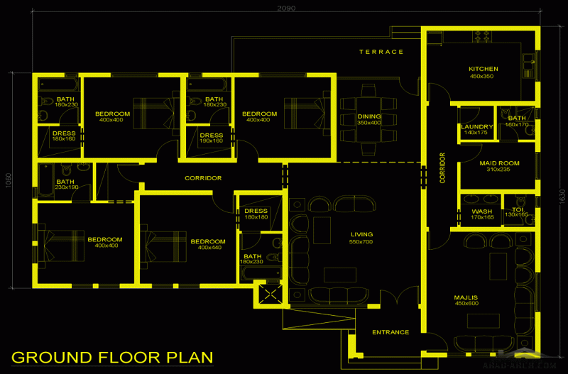 مخطط خليجي أرضي غرف النوم 4 المساحة 261.14 متر مربع عدد الطوابق أرضي أبعاد البيت 20.90 *16.30 م صمم بواسطة المهندس الاماراتي