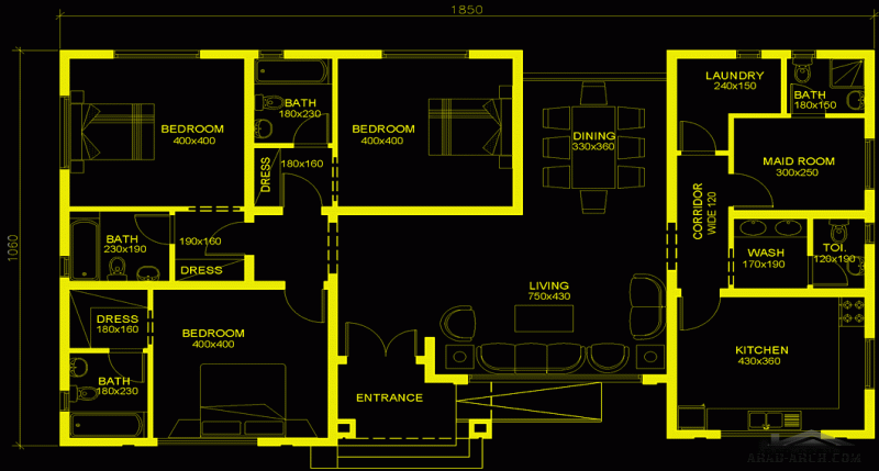فيلا خليجي غرف النوم 3 المساحة 180.50 متر مربع عدد الطوابق أرضي أبعاد البيت 18.50 *  10.60 م  صمم بواسطة المهندس الاماراتي للاستشارات الهندسية ذ.م.م