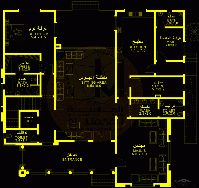 مخطط خليجي غرف النوم 5 المساحة 680.50 متر مربع عدد الطوابق أرضي - أول أبعاد البيت 19.45 م x 20 م صمم بواسطة الماسه للاستشارات الهندسية