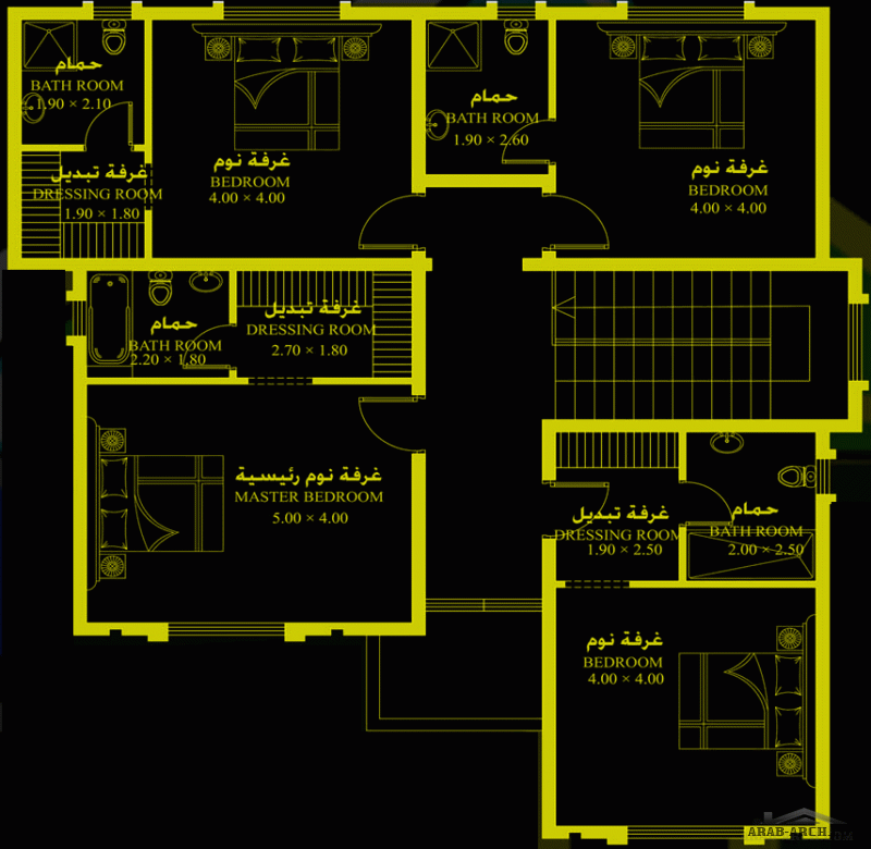 مخطط خليجي غرف النوم 4 المساحة 290 متر مربع عدد الطوابق أرضي - أول أبعاد البيت 13.10 م x 14.40 م  صمم بواسطة البيت للاستشارات الهندسية
