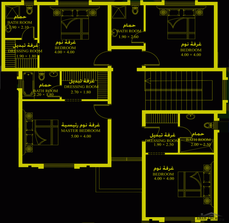مخطط خليجي غرف النوم 4 المساحة 290 متر مربع عدد الطوابق أرضي - أول أبعاد البيت 13.10 م x 14.40 م  صمم بواسطة البيت للاستشارات الهندسية
