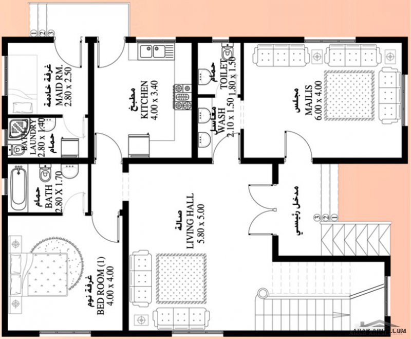 مخطط فيلا صغيرة المساحة غرف النوم 4 المساحة 265 متر مربع عدد الطوابق أرضي - أول أبعاد البيت 10.40 م x 14.10 م  صمم بواسطة رواسي للاستشارات الهندسية