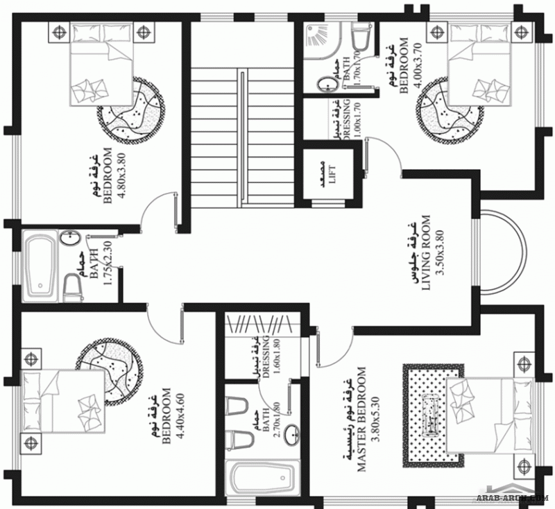 مخطط فيلا خليجي غرف النوم 4 المساحة 300 متر مربع عدد الطوابق أرضي - أول أبعاد البيت 11.62 م x 12.53 م  صمم بواسطة مكتب العالمية للاستشارات الهندسية