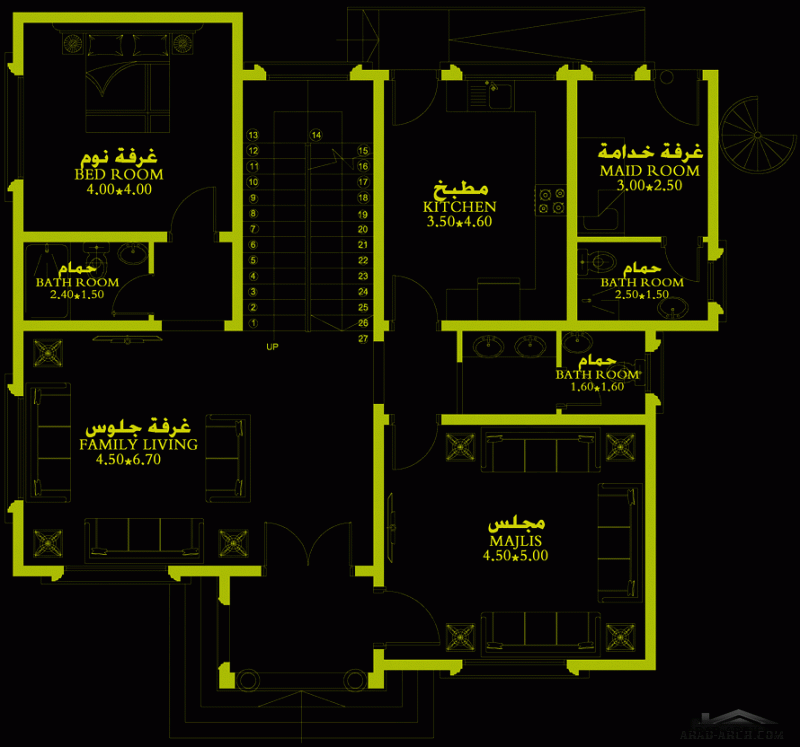 مخطط فيلا غرف النوم 4 المساحة 273 متر مربع   أرضي - أول أبعاد  13.80 م  11.60 م  صمم بواسطة مكتب الشارقة للاستشارات الهندسية
