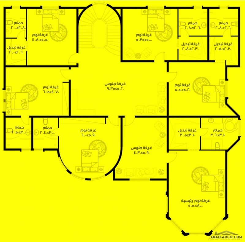 مخطط 7 غرف نوم  المساحة 767 متر مربع عدد الطوابق أرضي - أول أبعاد البيت 23.15 م x 22.40 م صمم بواسطة مكتب الشارقة للاستشارات الهندسية