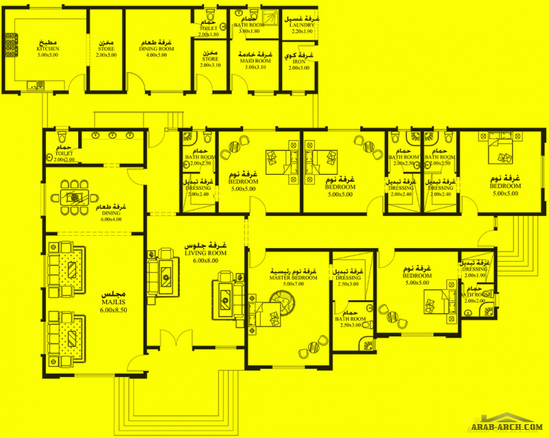 مخطط أرضي 5 غرف نوم   المساحة 512 متر مربع  أبعاد البيت 33.40 م x 23 م صمم بواسطة ديار للاستشارات الهندسية