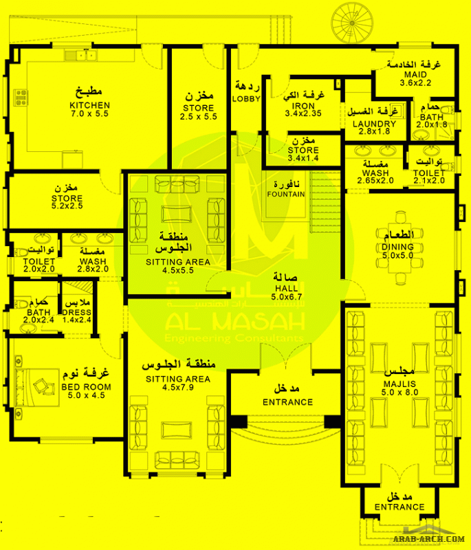 مساقط فيلا 5 غرف نوم المساحة 746.21 متر مربع عدد الطوابق 2 أبعاد البيت 20.70 م x 21.60 م  صمم بواسطة الماسه للاستشارات الهندسية