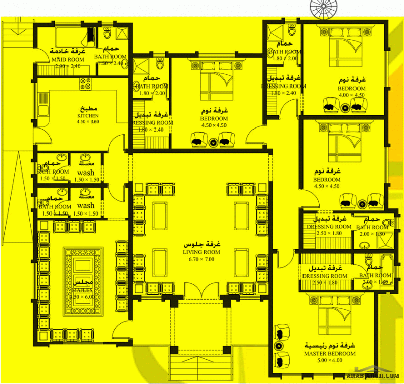 طابق واحد غرف النوم 4 المساحة 271.50 متر مربع  أبعاد البيت 17.60 م x 18 م  صمم بواسطة البيت للاستشارات الهندسية 