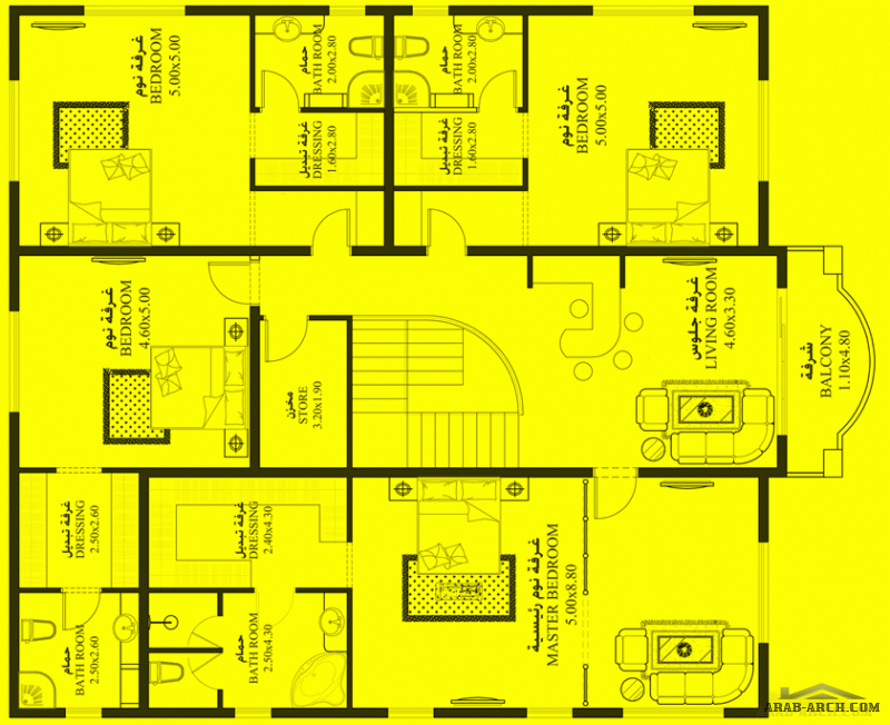 مخطط غرف النوم 5 المساحة 586 متر مربع عدد الطوابق أرضي - أول أبعاد البيت 15.40 م x 16.40 م  صمم بواسطة الهندسية للاستشارات الهندسية