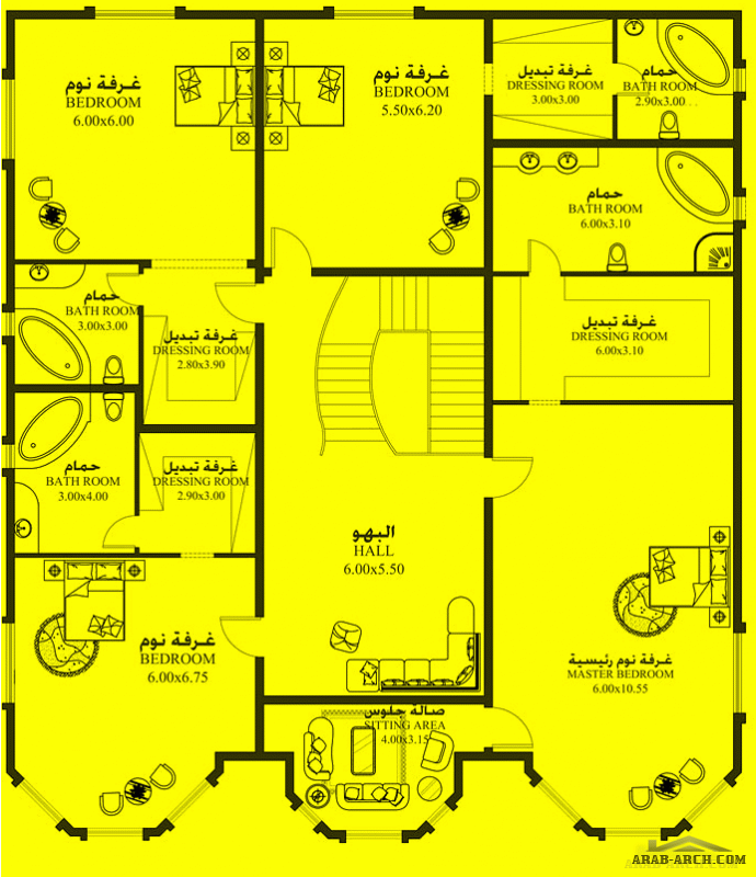 فيلا غرف النوم 6 المساحة 830 متر مربع عدد الطوابق أرضي - أول أبعاد البيت 18.30 م x 20.60 م صمم بواسطة ديار للاستشارات الهندسية