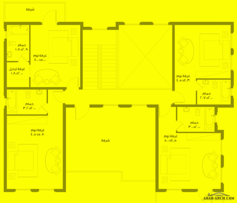 مخطط خليجي غرف النوم 5 المساحة 408 متر مربع عدد الطوابق أرضي - أول أبعاد البيت 18.50 م x 16.80 م صمم بواسطة برنامج الشيخ زايد للإسكان