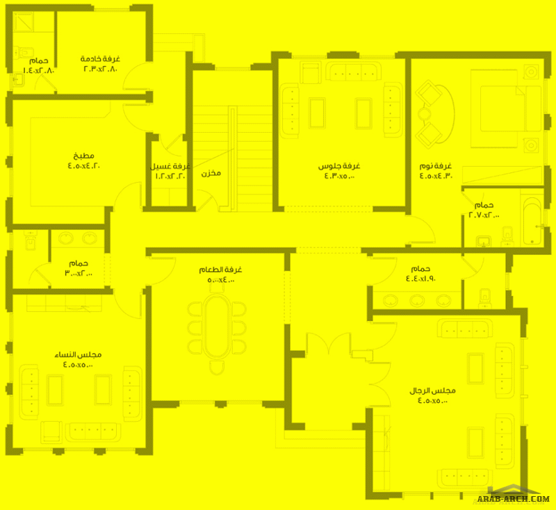 مخطط خليجي غرف النوم 5 المساحة 408 متر مربع عدد الطوابق أرضي - أول أبعاد البيت 18.50 م x 16.80 م صمم بواسطة برنامج الشيخ زايد للإسكان
