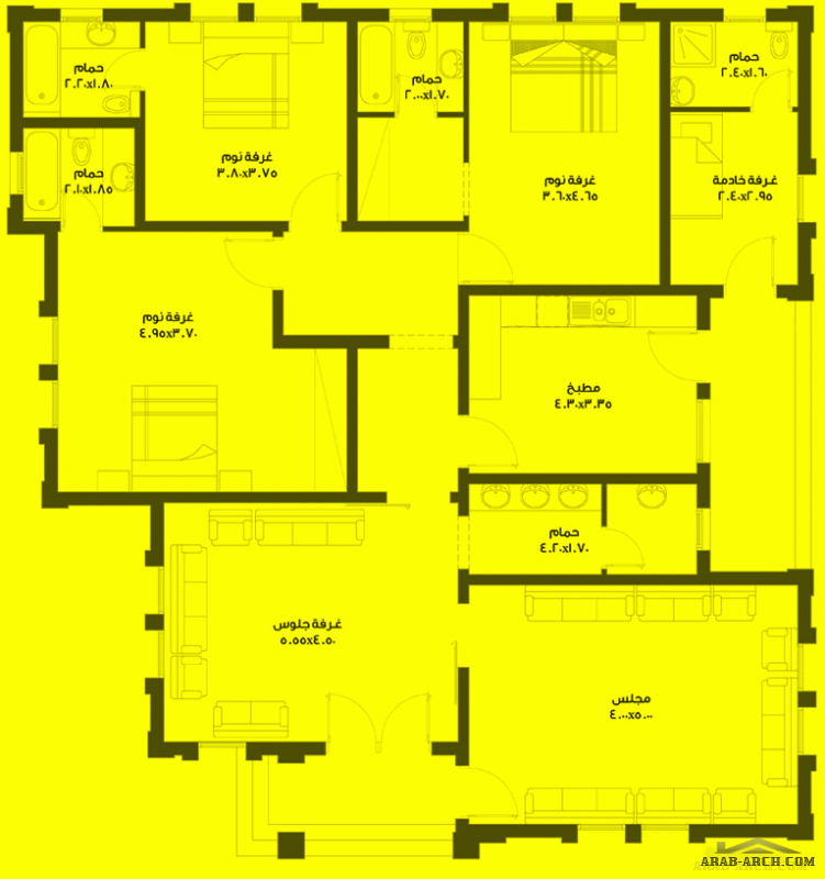 دور واحد أرضيغرف النوم 3 المساحة 206 متر مربع  أبعاد البيت 15.20 م x 15.70 م  صمم بواسطة برنامج الشيخ زايد للإسكان