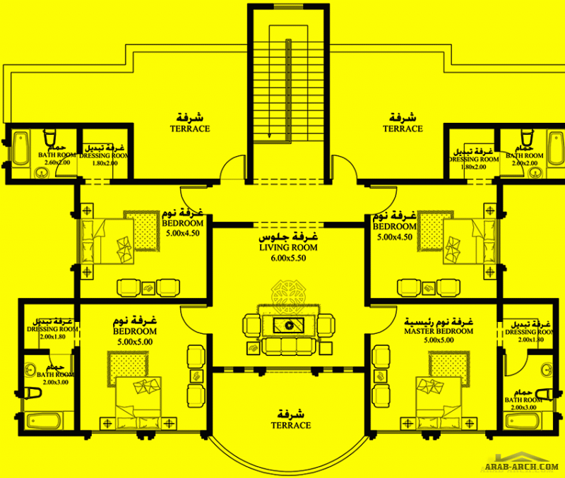 مخطط غرف  5 المساحة 620 متر مربع عدد الطوابق أرضي - أول أبعاد البيت 19.70 م x 27.73 م  صمم بواسطة جريس للاستشارات الهندسية