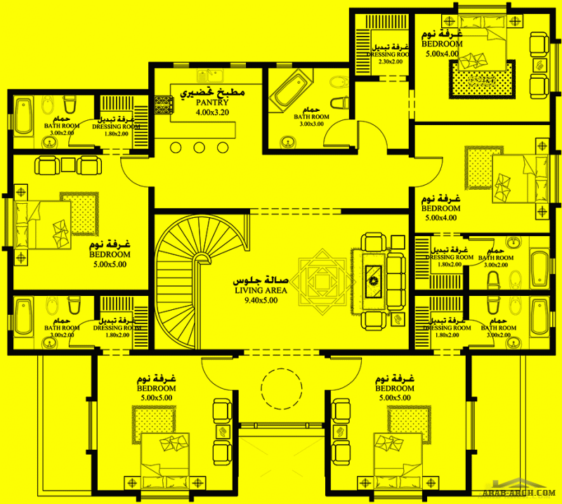 مخطط غرف النوم 6 المساحة 697 متر مربع عدد الطوابق أرضي - أول أبعاد البيت 15.15 م x 19.80 م  صمم بواسطة جريس للاستشارات الهندسية