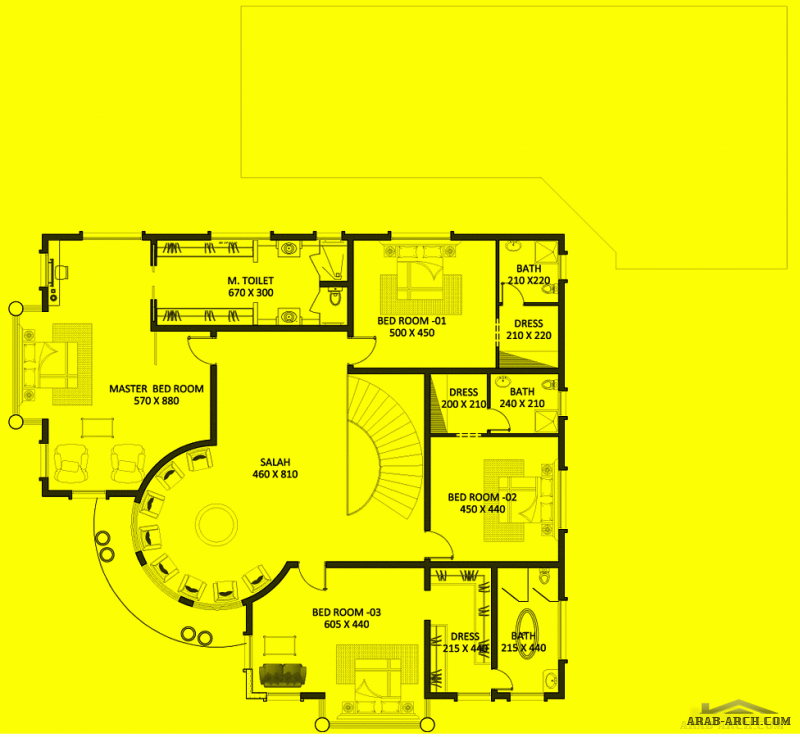 فيلا غرف النوم 5 المساحة 651 متر مربع عدد الطوابق أرضي - أول أبعاد البيت 27 م x 25.50 م  صمم بواسطة بلا حدود للاستشارات الهندسية