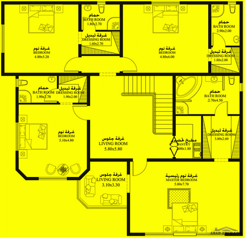مخطط غرف النوم 5 المساحة 495 متر مربع عدد الطوابق أرضي - أول أبعاد البيت 16.90 م x 16.90 م صمم بواسطة إعمار الإمارات للاستشارات الهندسية