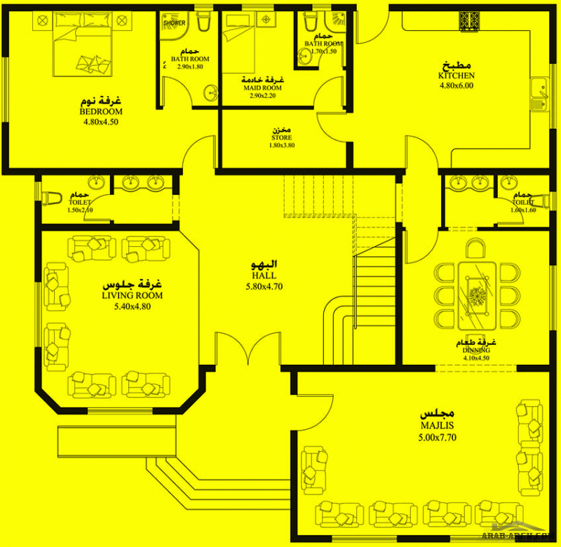 مخطط غرف النوم 5 المساحة 495 متر مربع عدد الطوابق أرضي - أول أبعاد البيت 16.90 م x 16.90 م صمم بواسطة إعمار الإمارات للاستشارات الهندسية