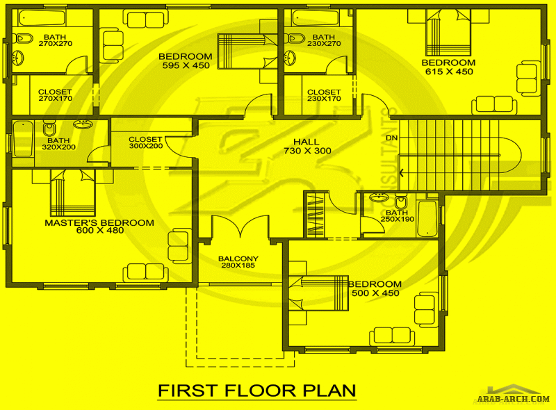 مخطط غرف النوم 5 المساحة 445 متر مربع عدد الطوابق أرضي - أول أبعاد البيت 18 م x 14.70 م  صمم بواسطة شركة الحمراء للاستشارات الهندسية