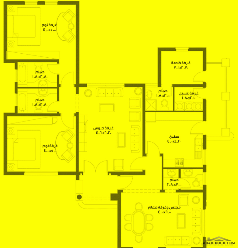 مخطط غرف النوم 2 المساحة 166 متر مربع  أرضي أبعاد البيت 16.34 م x 18.50 م  صمم بواسطة برنامج الشيخ زايد للإسكان 