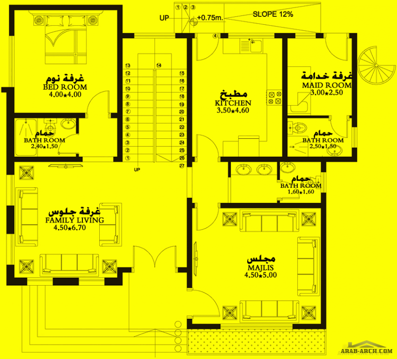 مخطط غرف النوم 3 المساحة 267 متر مربع عدد الطوابق أرضي - أول أبعاد البيت 12.70 م x 13.60 م  صمم بواسطة مكتب الشارقة للاستشارات الهندسية