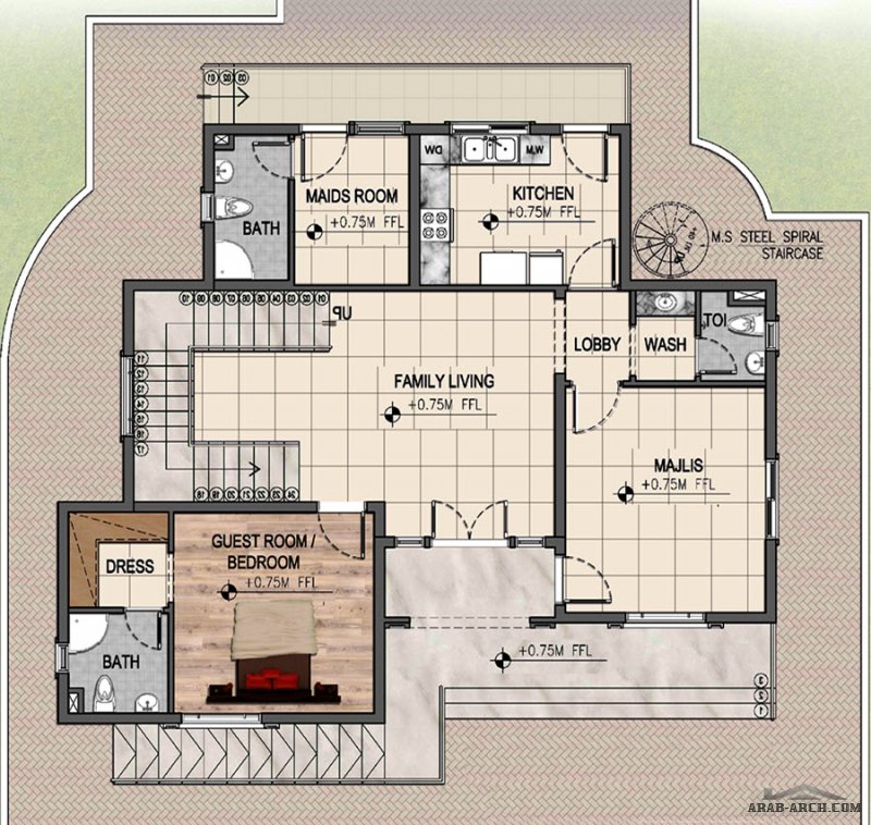 مخطط طابقين طراز اسلامي غرف النوم 4 المساحة 256.64 متر مربع أبعاد البيت 14.30 م x 11.90 م