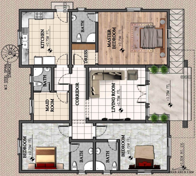 مخطط منزل دور واحد اقتصادي غرف النوم 3 المساحة 161.28 متر مربع عدد الطوابق أرضي أبعاد البيت 13.80 م x 12.60 م  ارتفاع السقف 8.00 متر