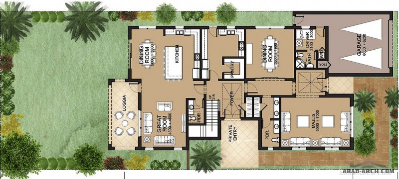 مخطط فيلا تصميم سعودي ابعاد الارض 40*16 متر 5 غرف نوم 4 حمامات كاملة (فى غرف النوم وحمام للعائلة و حمام للضيوف)