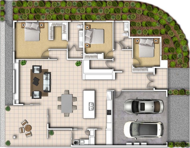 3 نماذج رسومات مخططة لبيوت طابق واحد مرتبه و عملية تصاميم مودرن