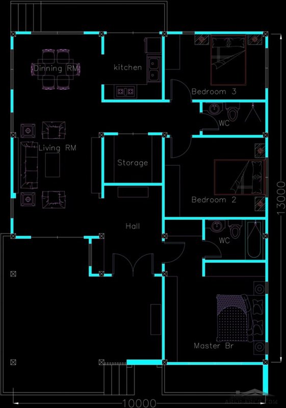 مخطط منزل 10 *13 متر 3 غرف نوم