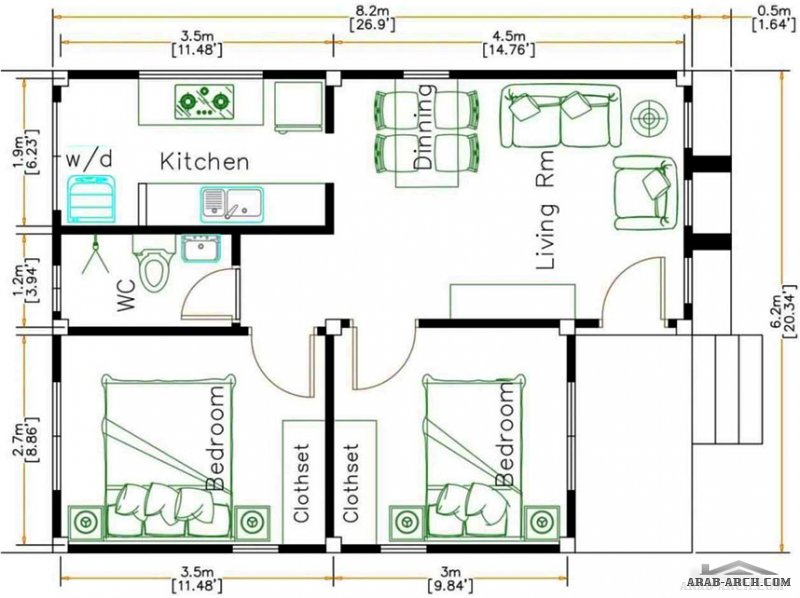 مخطط منزل 6 * 8 متر صغير المساحة حوالي 50 متر مربع 2  غرفة نوم