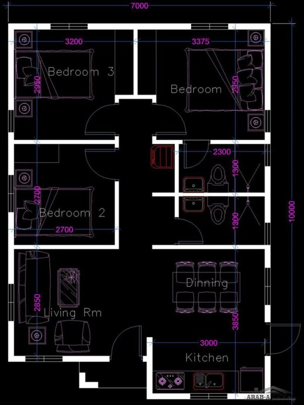 مخطط منزل صغير المساحة 70 متر مربع - 7*10 متر