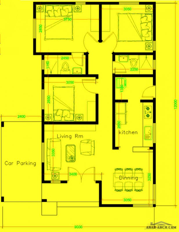مخطط بسيط طابق واحد ابعاد الارض 9*12 متر 3 غرف نوم  مسحة الارض 108 متر مربع