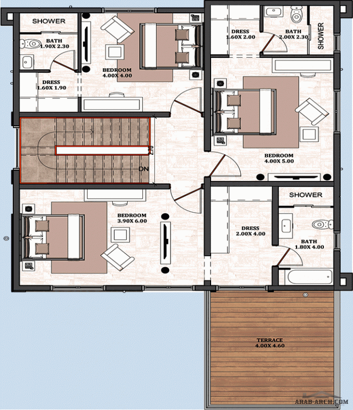 مخطط فيلا خليجي غرف النوم 4   أرضي - أول أبعاد البيت 16.50 م x 10.60 م  من اعمال الرؤية الذكية للإستشارات الهندسية